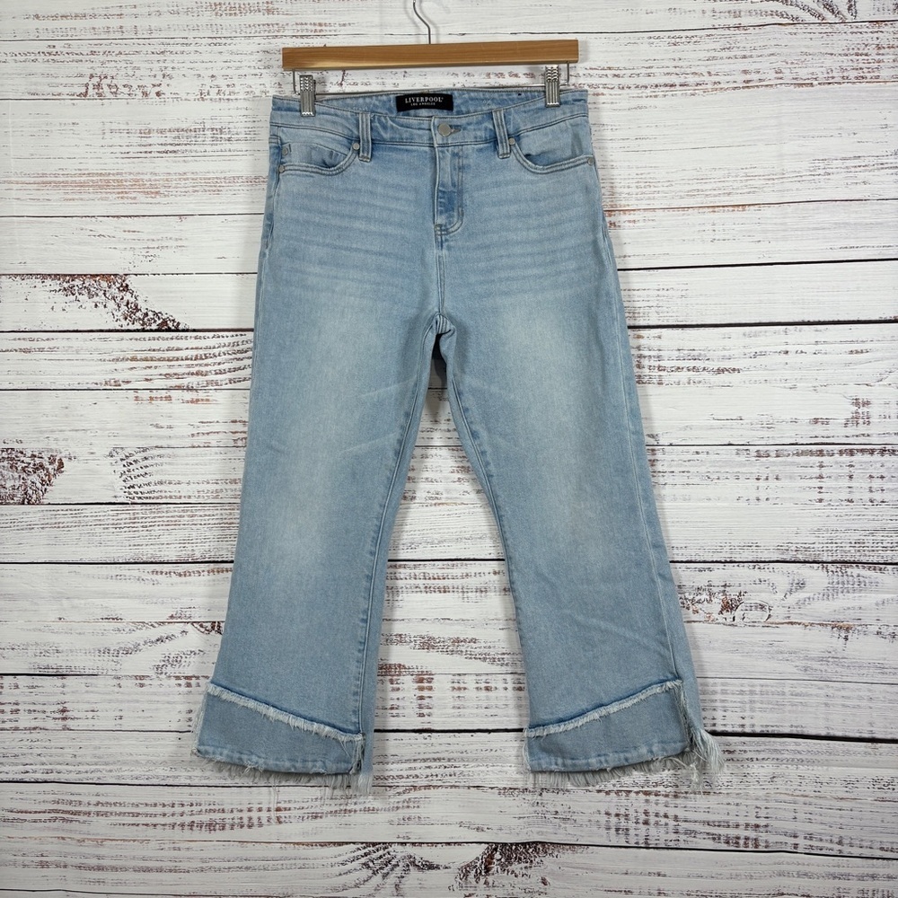 Liverpool Blue Crop Flare Distressed Fringe Hem Jeans